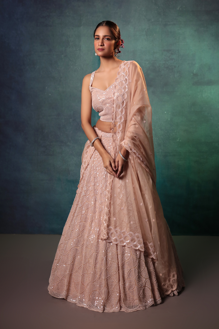 Peachy Beads & Sequins Lehenga - Bandhani