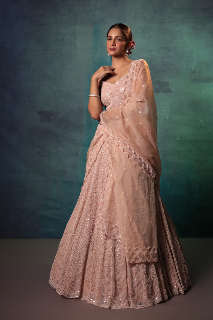 Peachy Beads & Sequins Lehenga - Bandhani