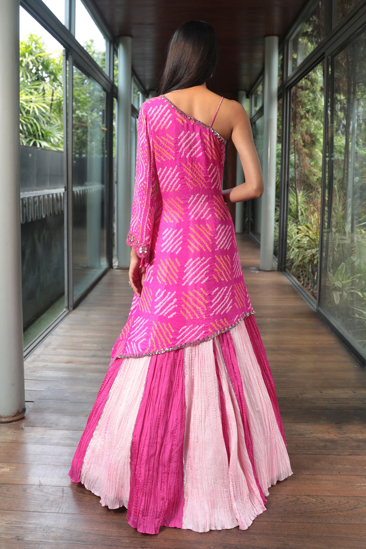 Pink Assymetrical Bandhani Kurta With Cami And Crush Skirt - Bandhani