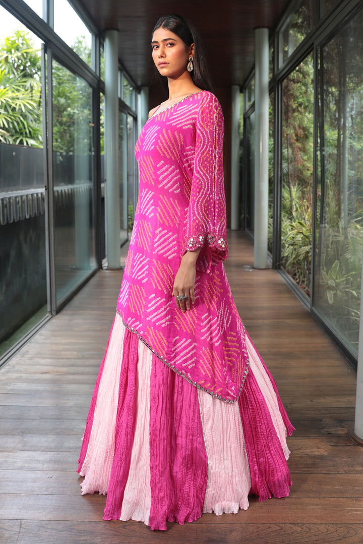 Pink Assymetrical Bandhani Kurta With Cami And Crush Skirt - Bandhani