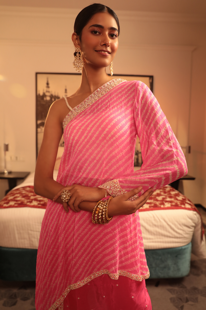 Pink Bandhani Assymetrical Kurta With Cami And Drape Pant - Bandhani