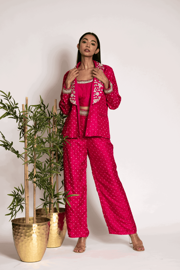 Pink Bandhani Co-ord Set With Lapel Collar Blazer - Bandhani