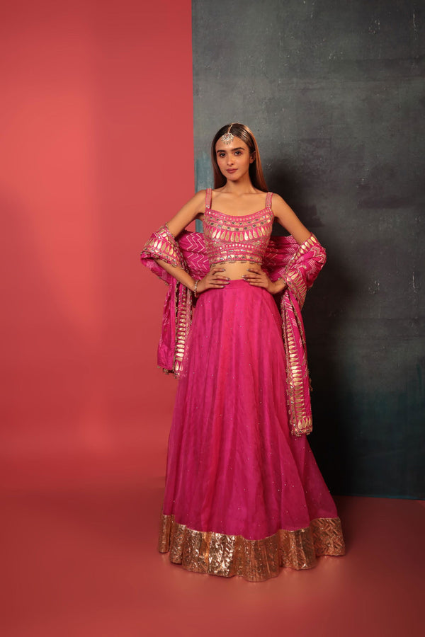 Pink Bandhani Organza Lehenga Set - Bandhani