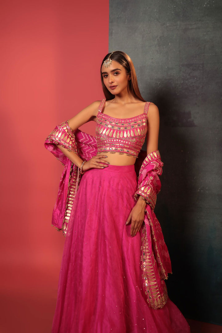 Pink Bandhani Organza Lehenga Set - Bandhani