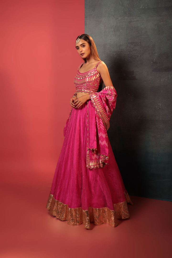 Pink Bandhani Organza Lehenga Set - Bandhani