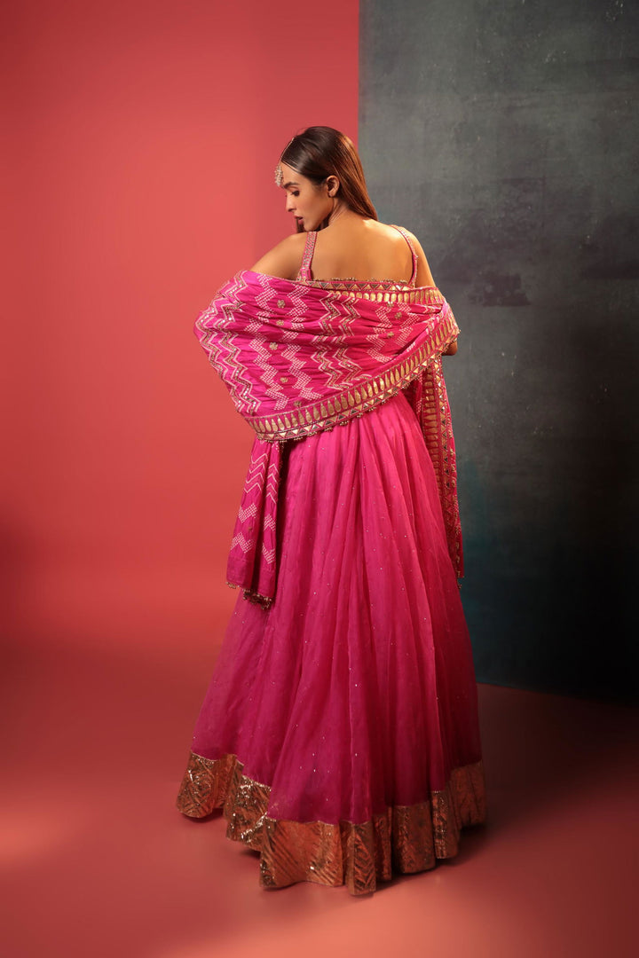 Pink Bandhani Organza Lehenga Set - Bandhani