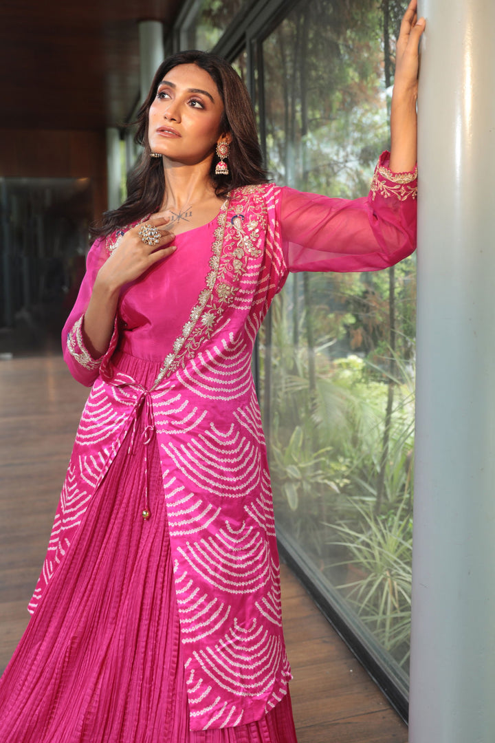 Pink Crush Anarkali Paired With WIFI Bandhani Gotapatti Jacket - Bandhani