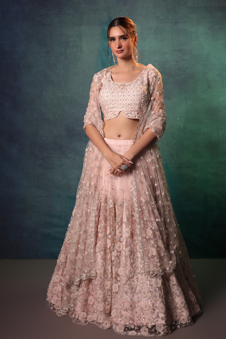 Pink Floral Pleated Lehenga Set - Bandhani