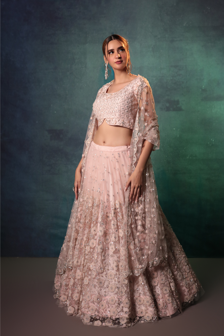 Pink Floral Pleated Lehenga Set - Bandhani