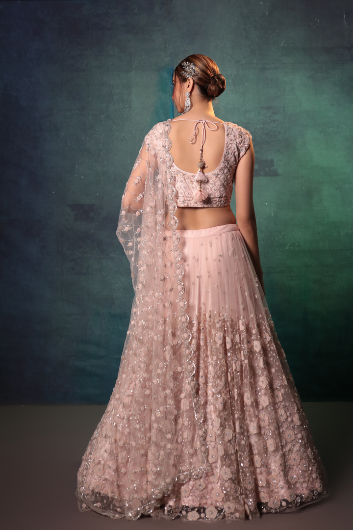 Pink Floral Pleated Lehenga Set - Bandhani