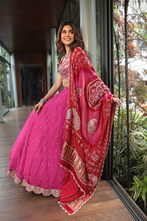 Pink Gotapatti Blouse Paired With Net Overlay Crush Skirt And Red-Rani Bandhani Dupatta - Bandhani