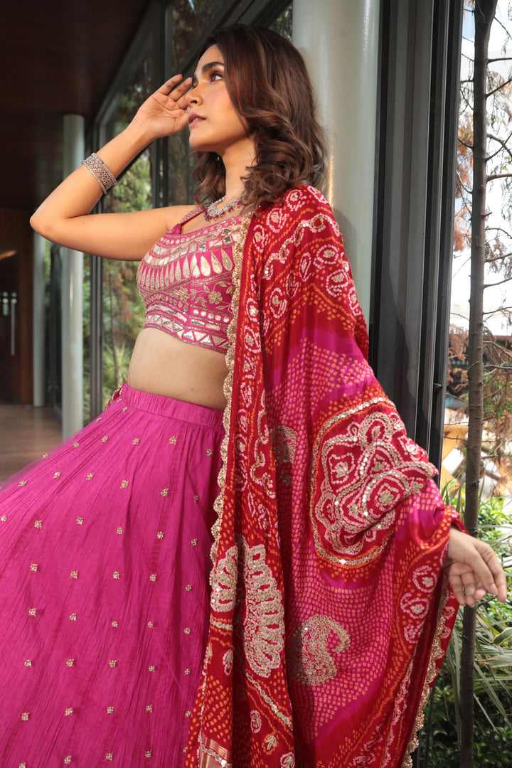 Pink Gotapatti Blouse Paired With Net Overlay Crush Skirt And Red-Rani Bandhani Dupatta - Bandhani