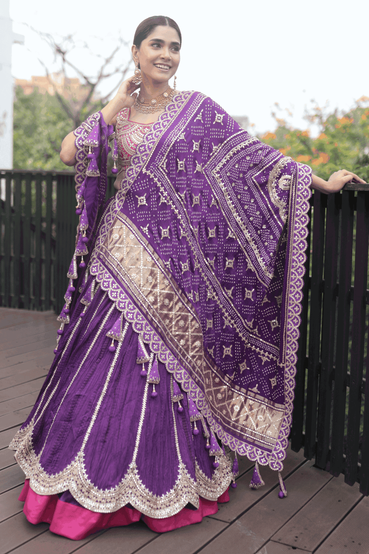 Pink Gotapatti Blouse With Double Layer Crush Skirt And Purple Bandhani Dupatta - Bandhani