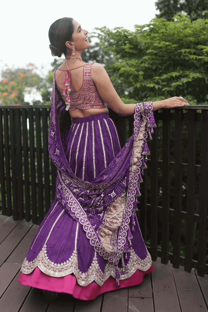 Pink Gotapatti Blouse With Double Layer Crush Skirt And Purple Bandhani Dupatta - Bandhani