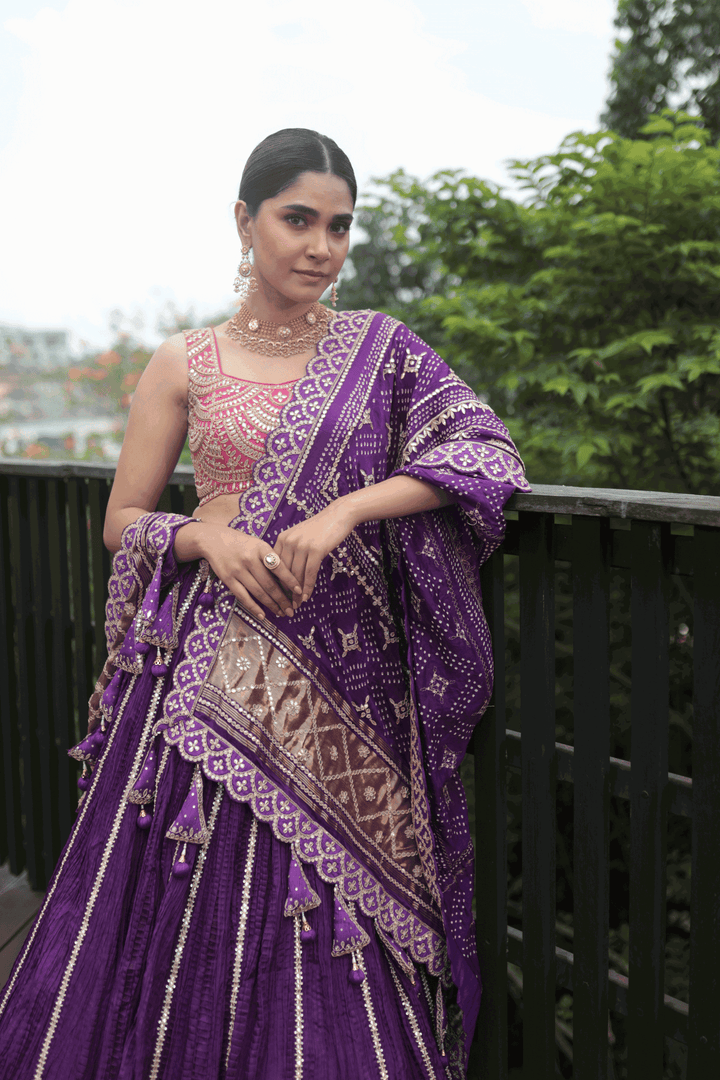 Pink Gotapatti Blouse With Double Layer Crush Skirt And Purple Bandhani Dupatta - Bandhani