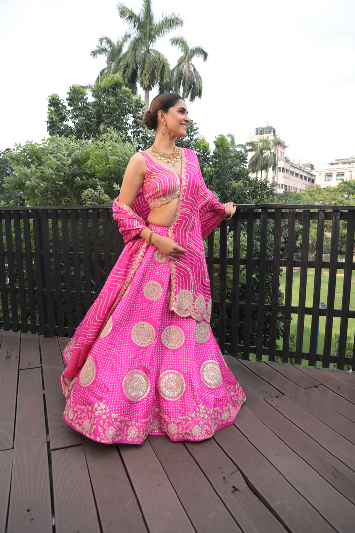 Pink Gotapatti Blouse With Pink Dot Bandhani Lehenga And Leher Style Bandhani Dupatta - Bandhani