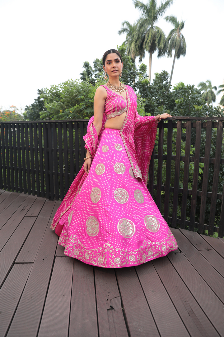 Pink Gotapatti Blouse With Pink Dot Bandhani Lehenga And Leher Style Bandhani Dupatta - Bandhani