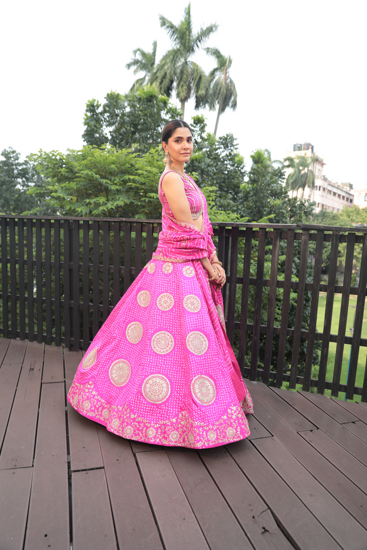 Pink Gotapatti Blouse With Pink Dot Bandhani Lehenga And Leher Style Bandhani Dupatta - Bandhani