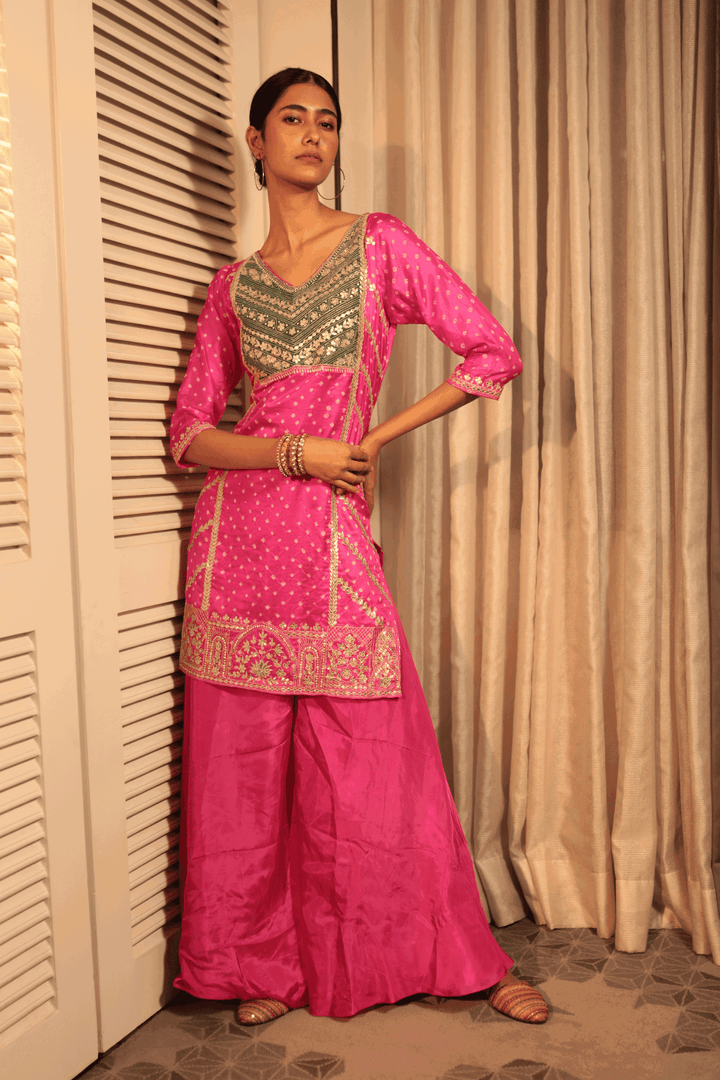 Pink Gotapatti Short Bandhani Kurta And Sharara - Bandhani