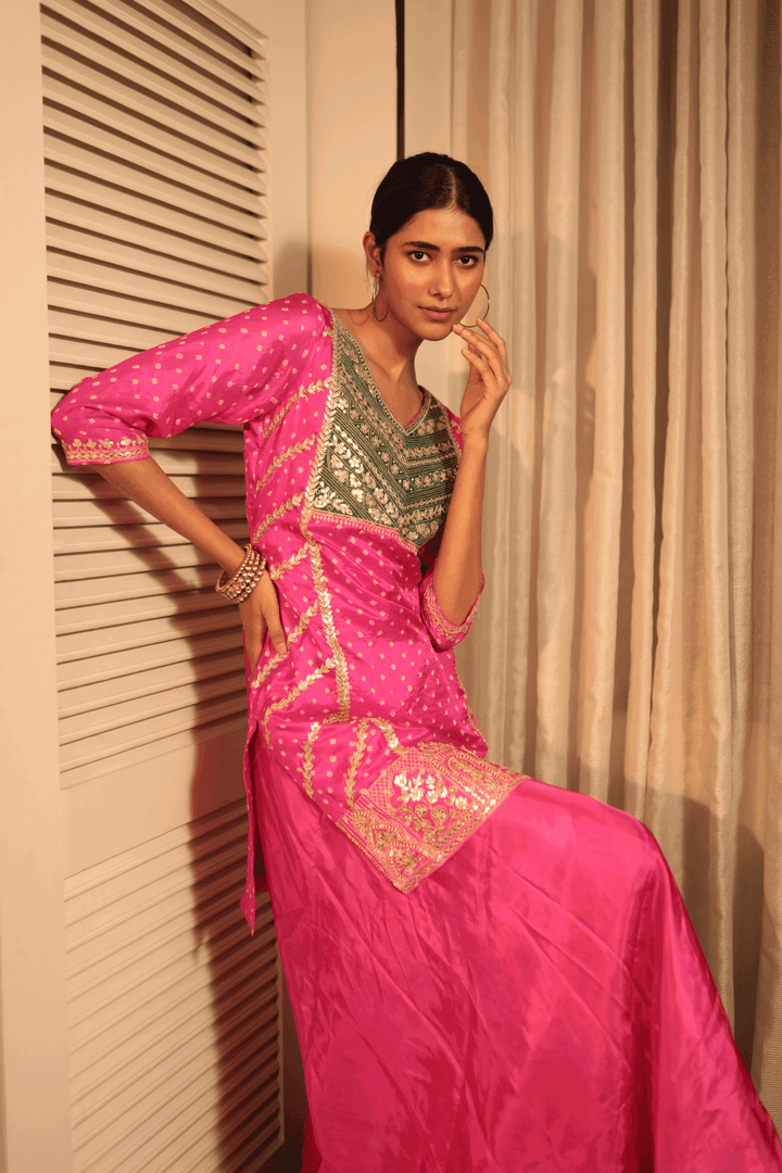 Pink Gotapatti Short Bandhani Kurta And Sharara - Bandhani