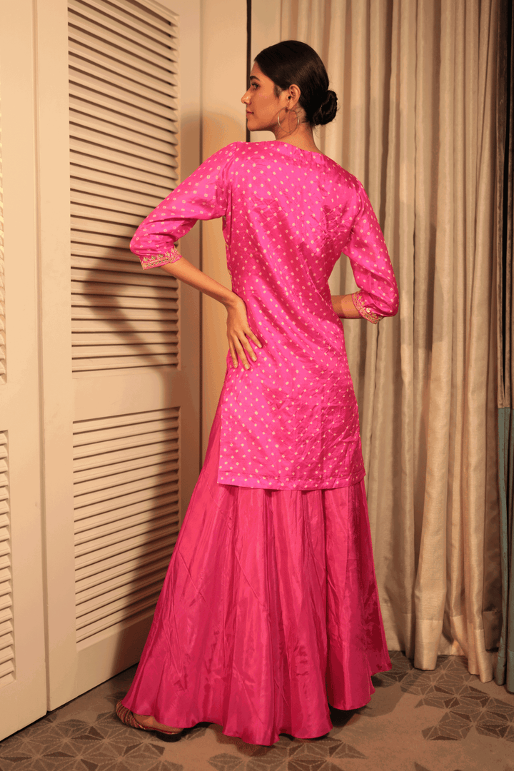 Pink Gotapatti Short Bandhani Kurta And Sharara - Bandhani