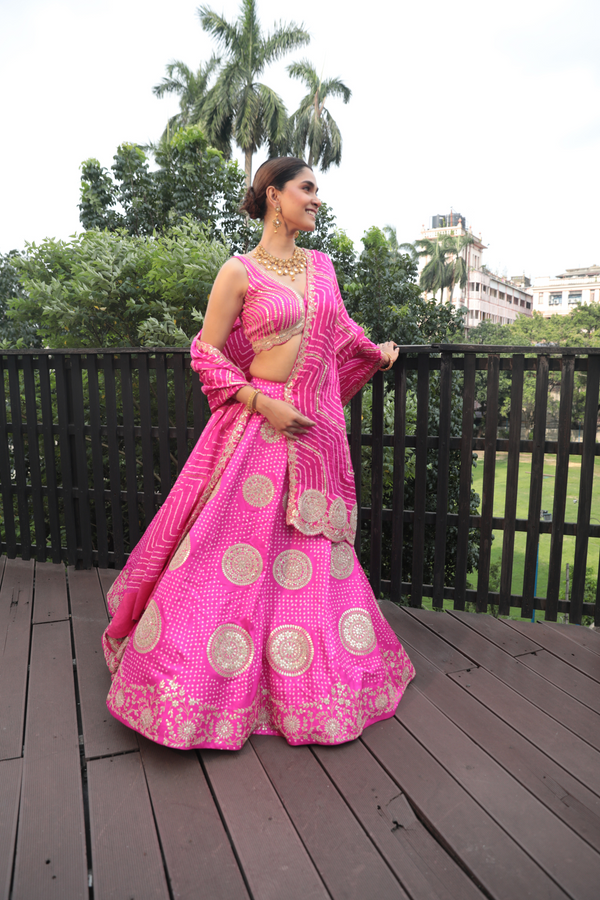 Pink Leher Style Bandhani Dupatta - Bandhani