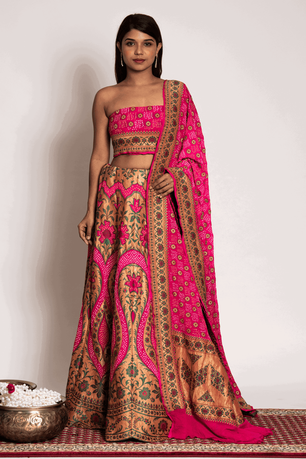 Pink Meenakari And Bandhani Lehenga Set - Bandhani