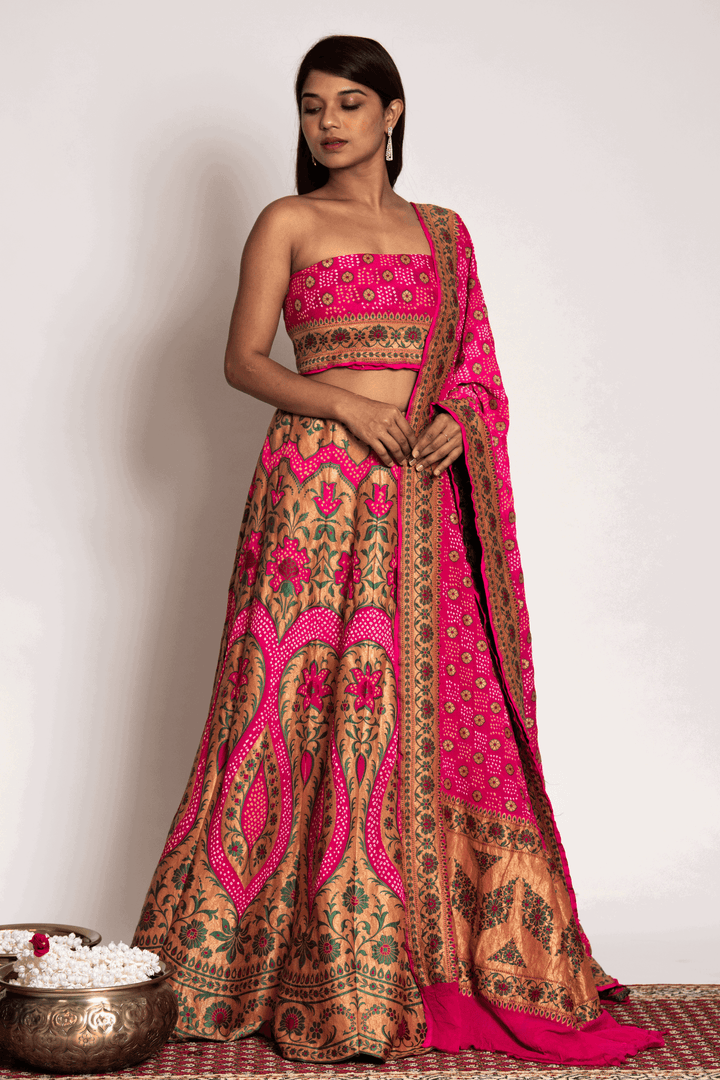 Pink Meenakari And Bandhani Lehenga Set - Bandhani