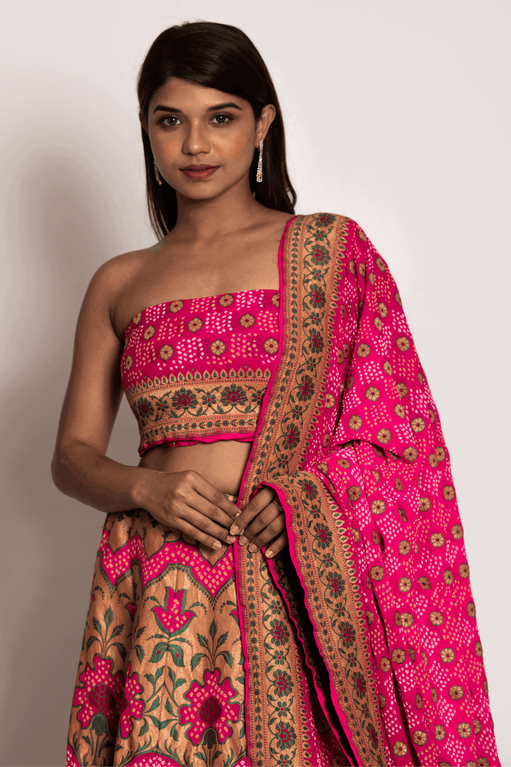 Pink Meenakari And Bandhani Lehenga Set - Bandhani