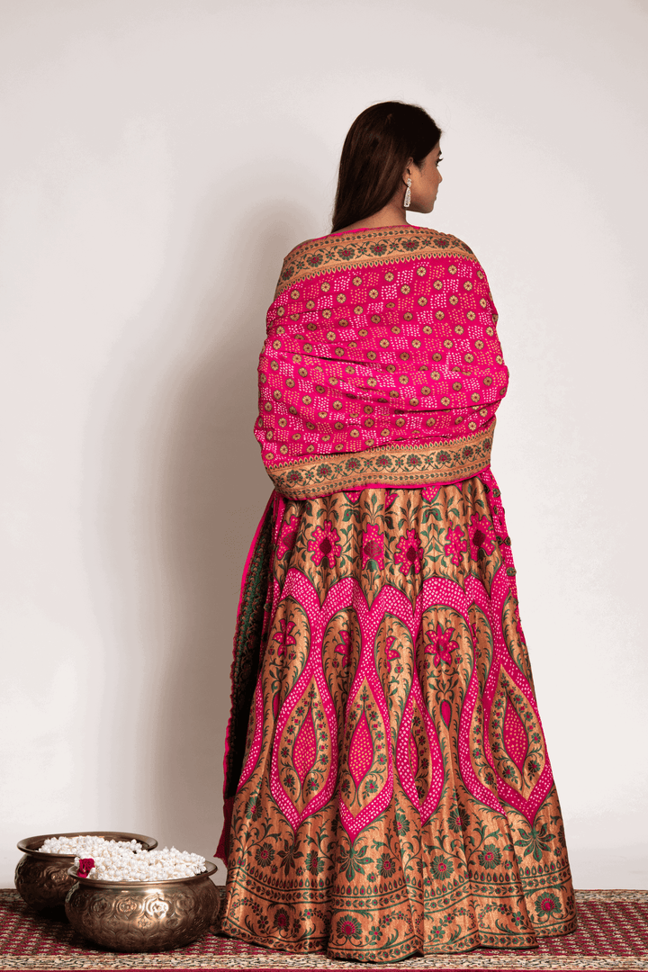 Pink Meenakari And Bandhani Lehenga Set - Bandhani