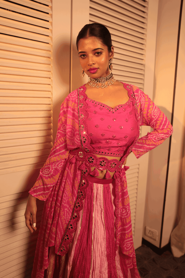 Pink Mirrorwork Blouse With Crush Skirt And Pink Bandhani Jacket And Embroidered Belt - Bandhani