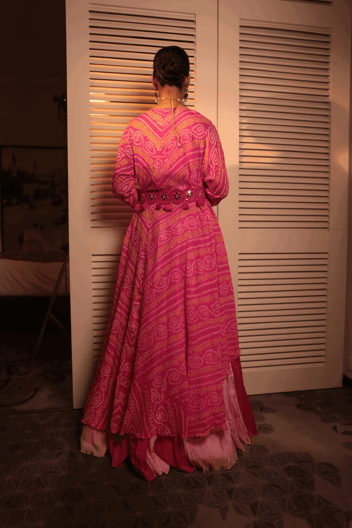 Pink Mirrorwork Blouse With Crush Skirt And Pink Bandhani Jacket And Embroidered Belt - Bandhani