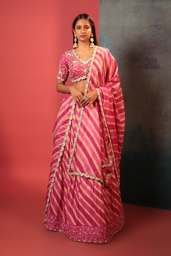 Pink Mota Leheriya Lehenga Set - Bandhani