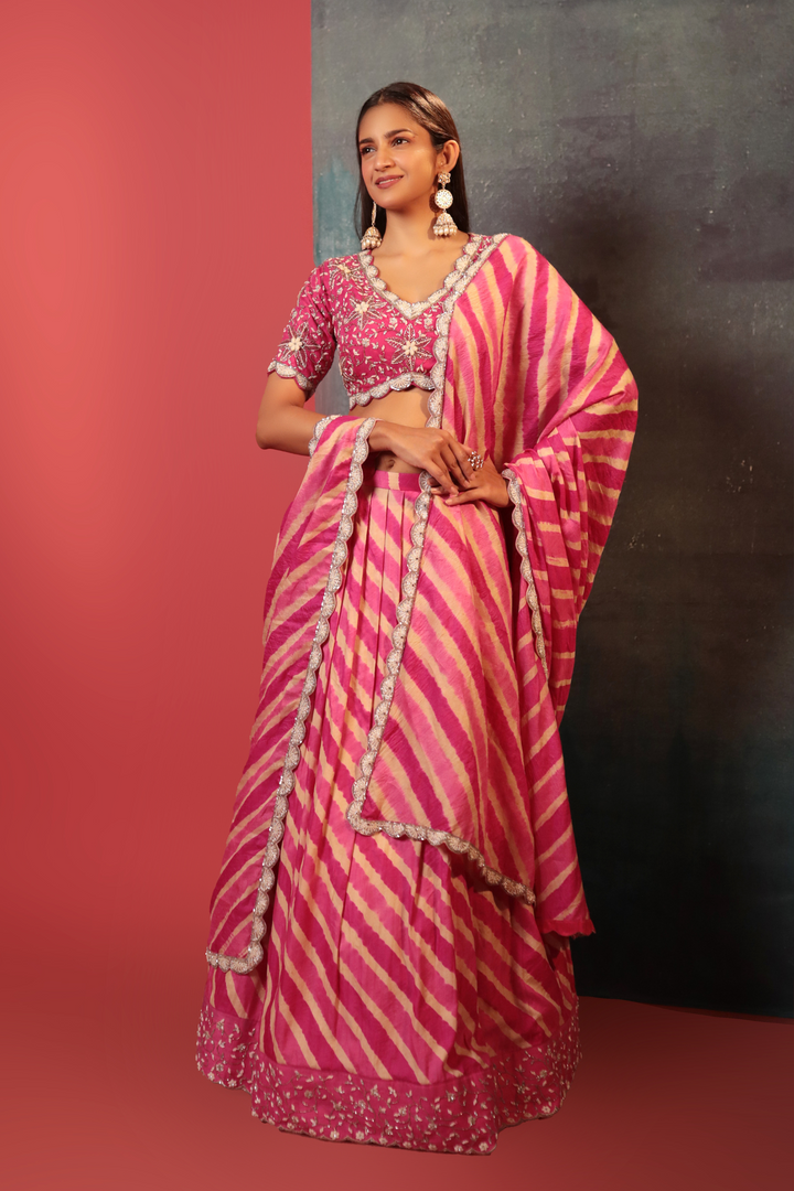 Pink Mota Leheriya Lehenga Set - Bandhani