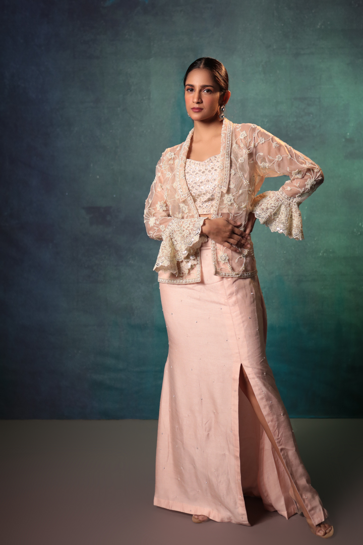 Pink Pearl Cami, Blazer & Slit Skirt - Bandhani