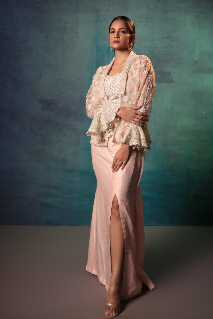 Pink Pearl Cami, Blazer & Slit Skirt - Bandhani