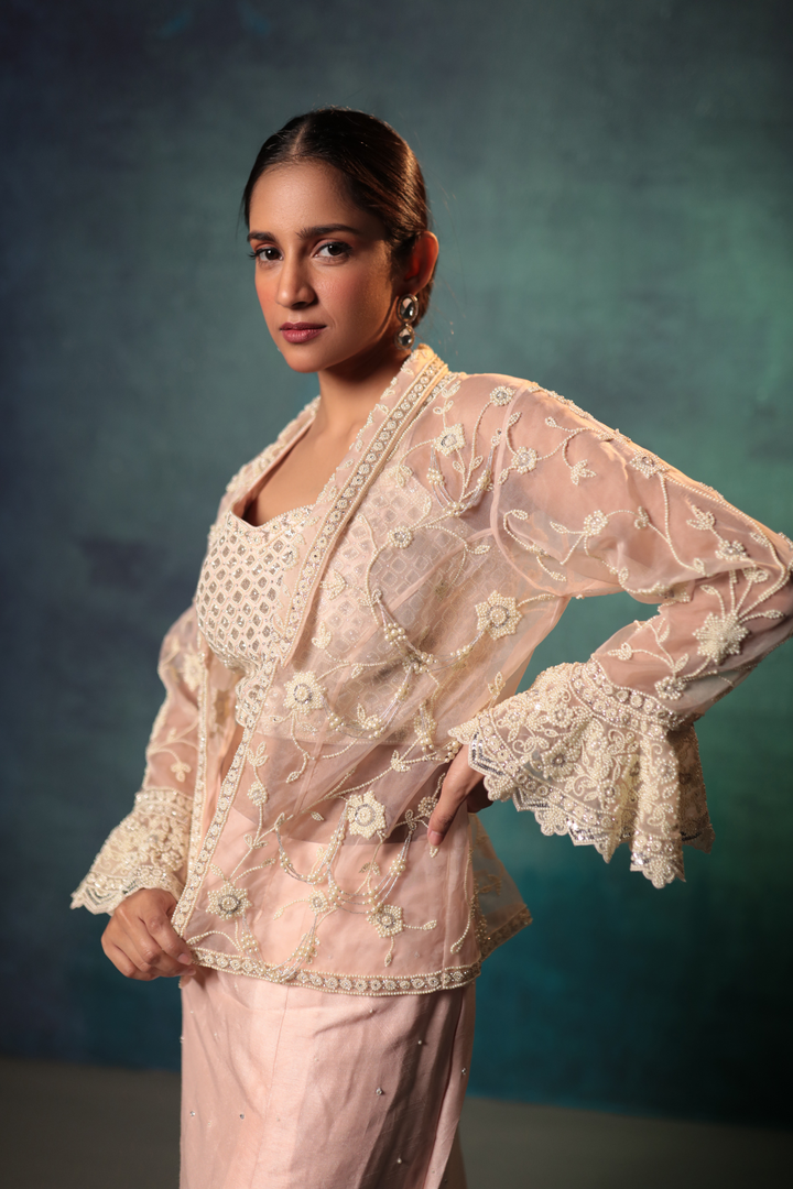 Pink Pearl Cami, Blazer & Slit Skirt - Bandhani