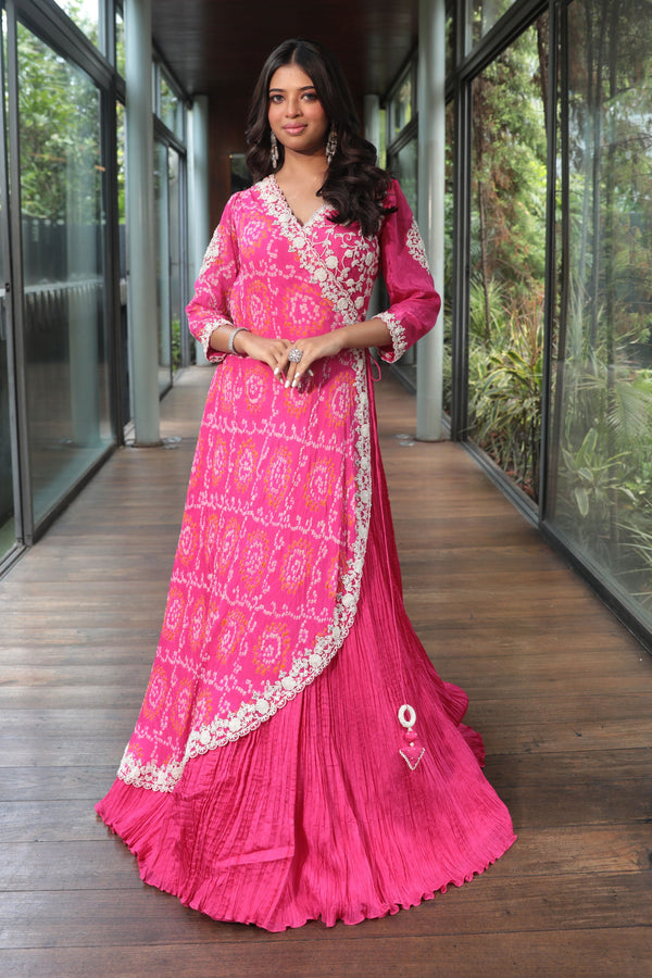 Pink Pearl Work Bandhani Angrakha Anarkali - Bandhani