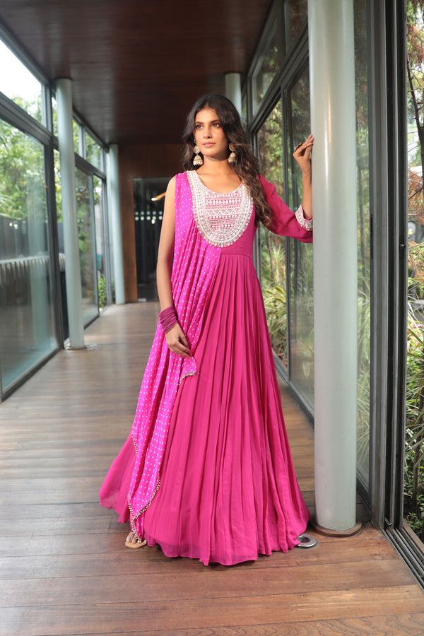 Pink Pleated Pearl Anarkali - Bandhani