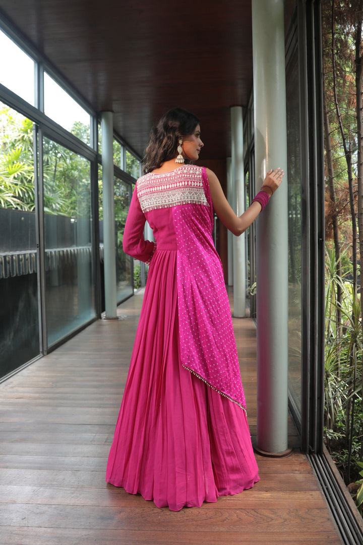 Pink Pleated Pearl Anarkali - Bandhani