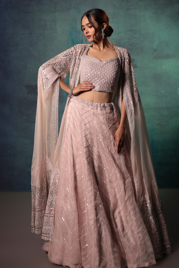 Pink Sequin Jacket Lehenga Set - Bandhani