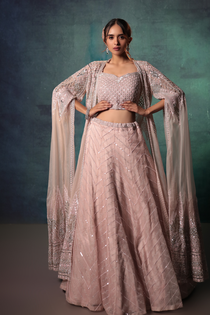 Pink Sequin Jacket Lehenga Set - Bandhani