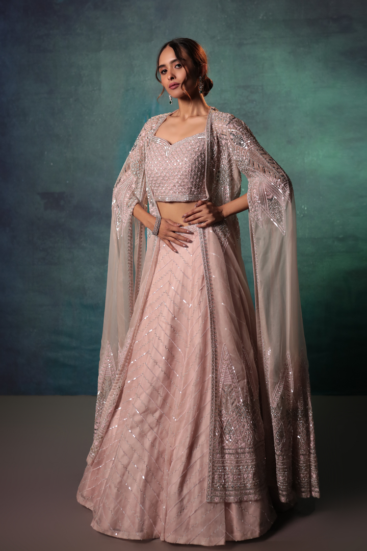 Pink Sequin Jacket Lehenga Set - Bandhani