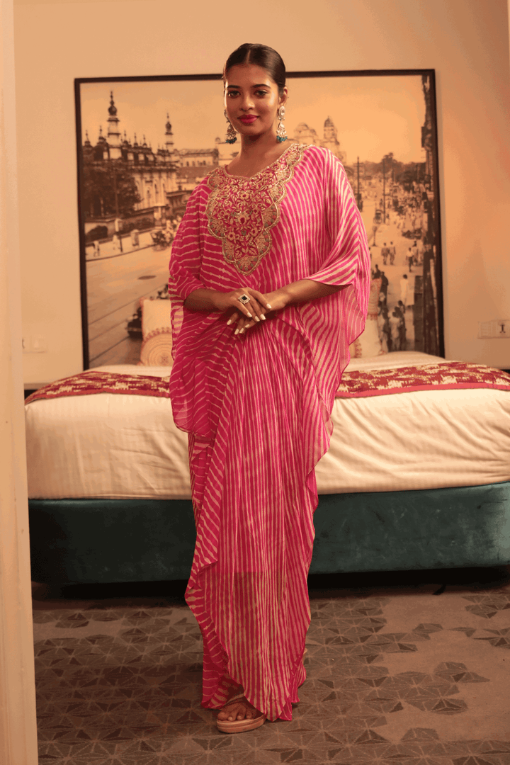 Pink Thread And Zardosi Work Kaftaan - Bandhani