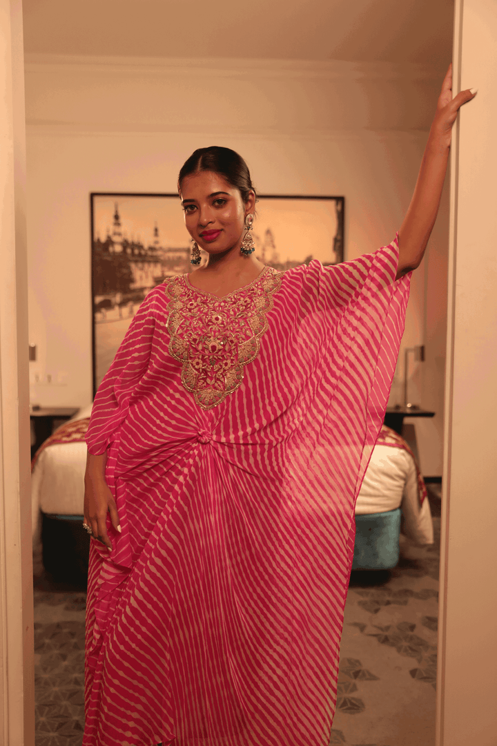 Pink Thread And Zardosi Work Kaftaan - Bandhani