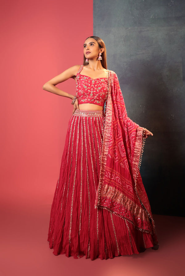 Pink Zardosi Blouse Paired With Crush Lehenga & Bandhani Dupatta - Bandhani