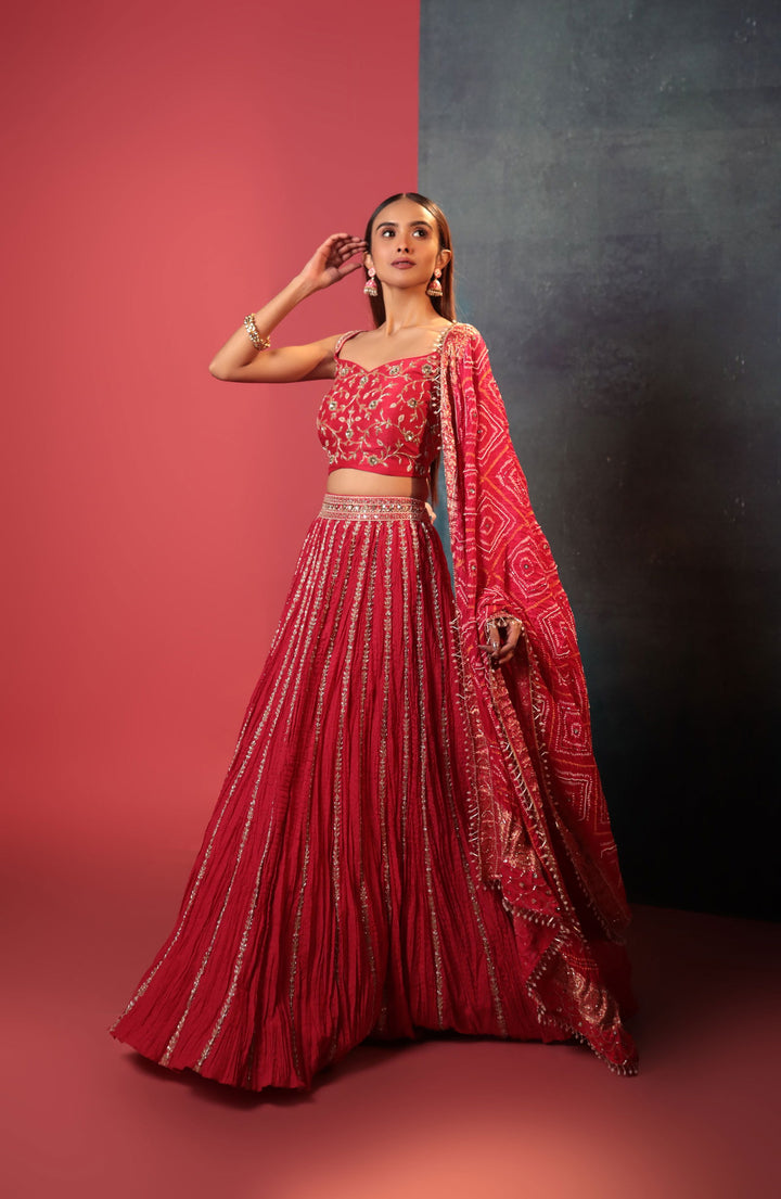 Pink Zardosi Blouse Paired With Crush Lehenga & Bandhani Dupatta - Bandhani