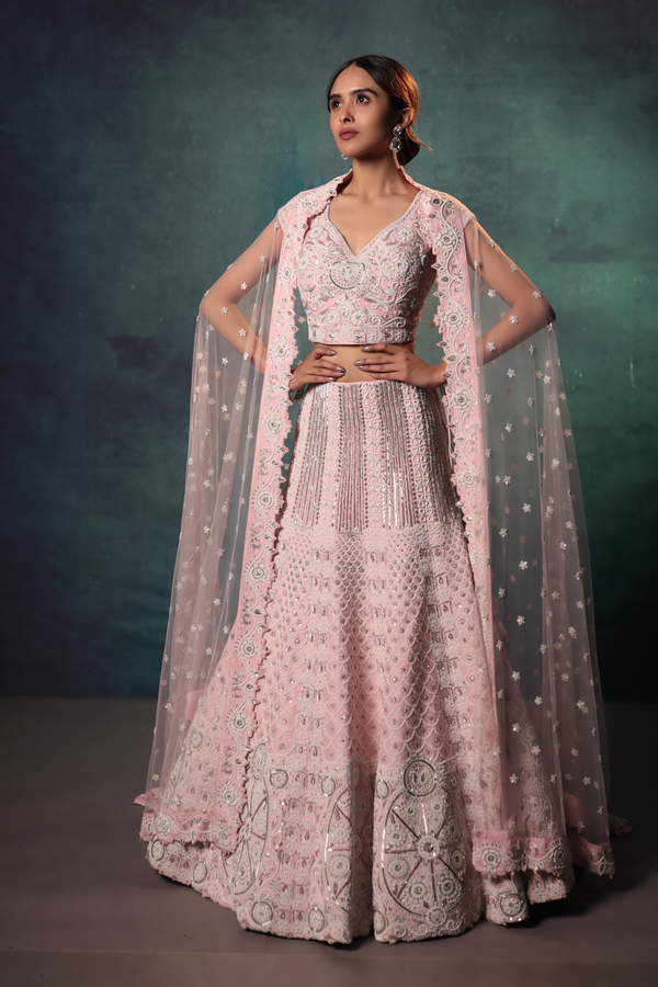 Powder Pink Pearl Work Lehenga - Bandhani