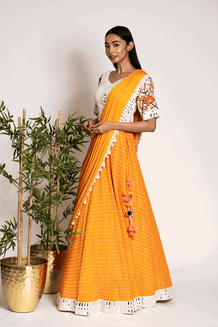 Prairie Mustard Yellow Mirrorwork Lehenga With Draped Dupatta - Bandhani