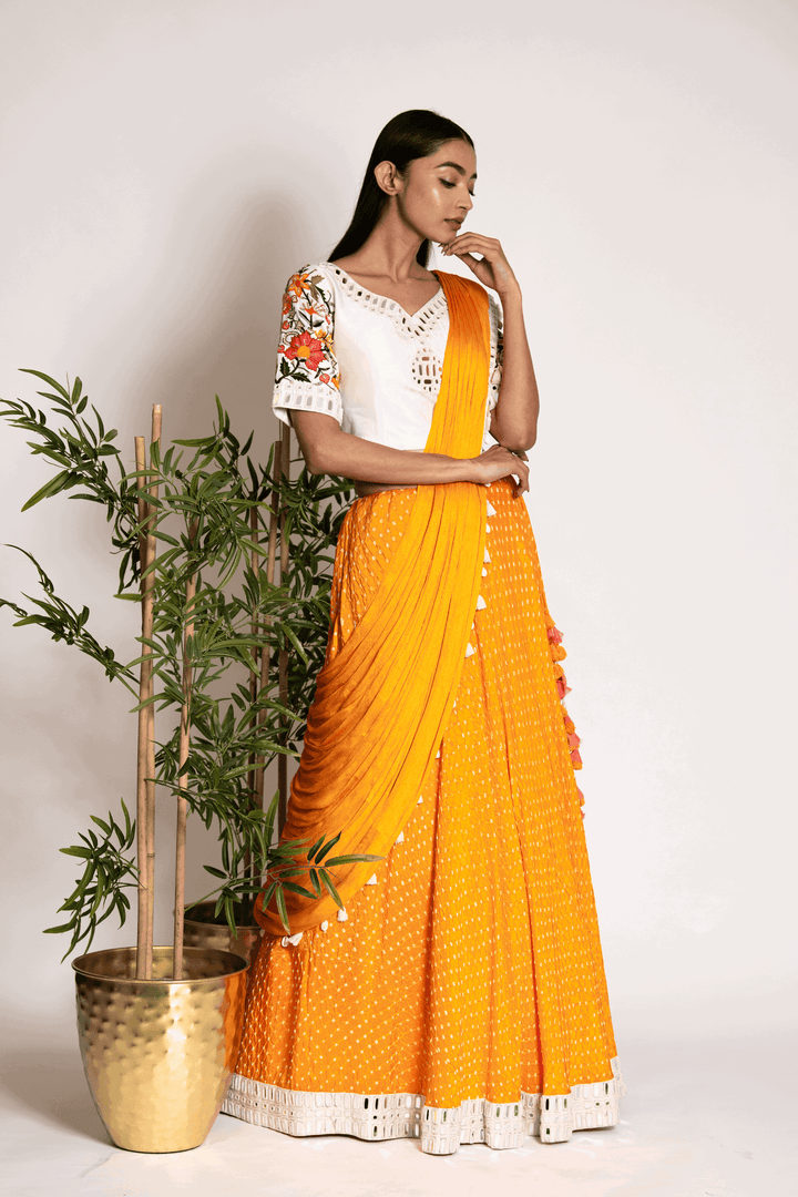 Prairie Mustard Yellow Mirrorwork Lehenga With Draped Dupatta - Bandhani